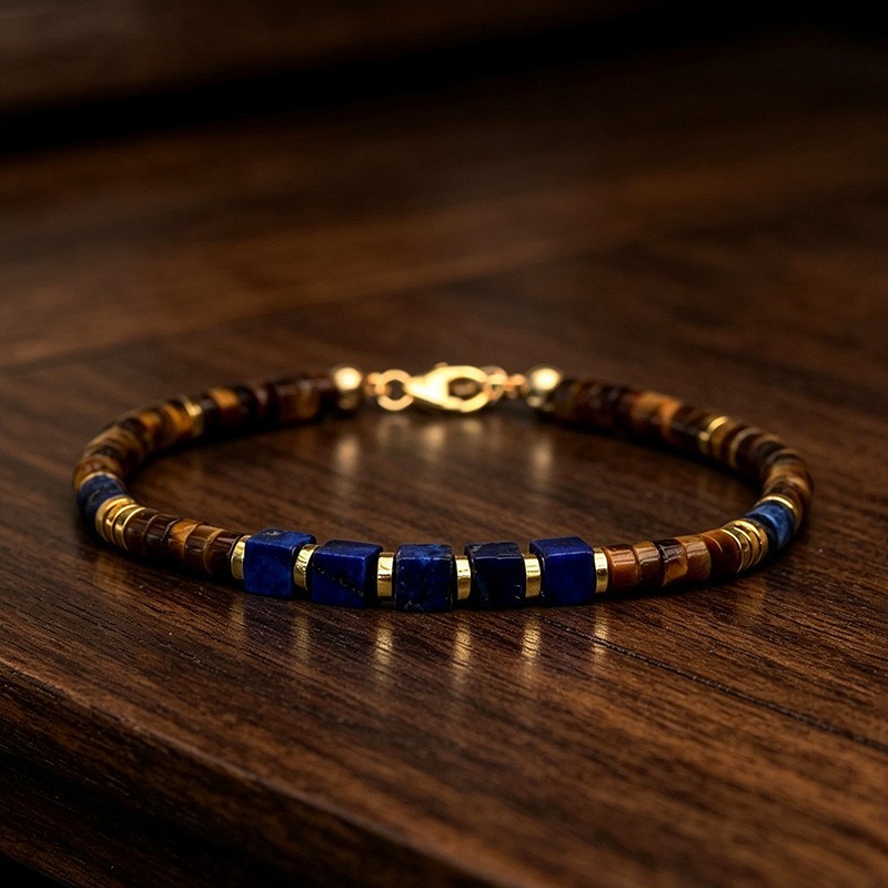 Lapis Lazuli & Tiger Eye Beaded Healing Wealth Attracts Lucky Bracelet for Men