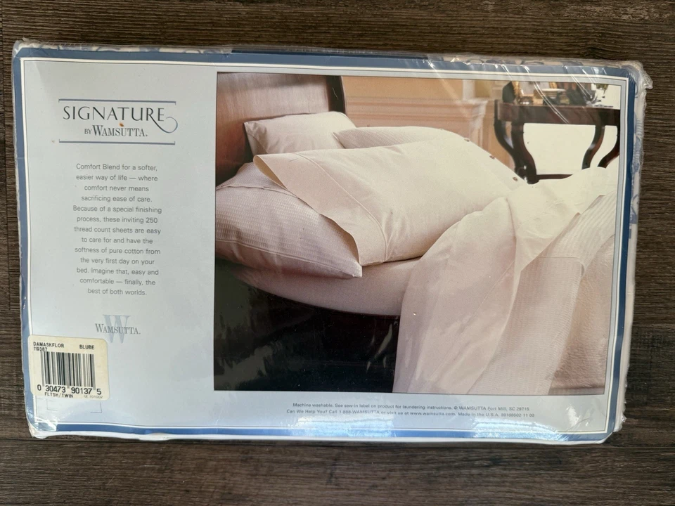 NUEVO De Colección Wamsutta Damasco Azul Floral Doble Hoja Plana 39x75" 250 Hilos Foto 4 de 4