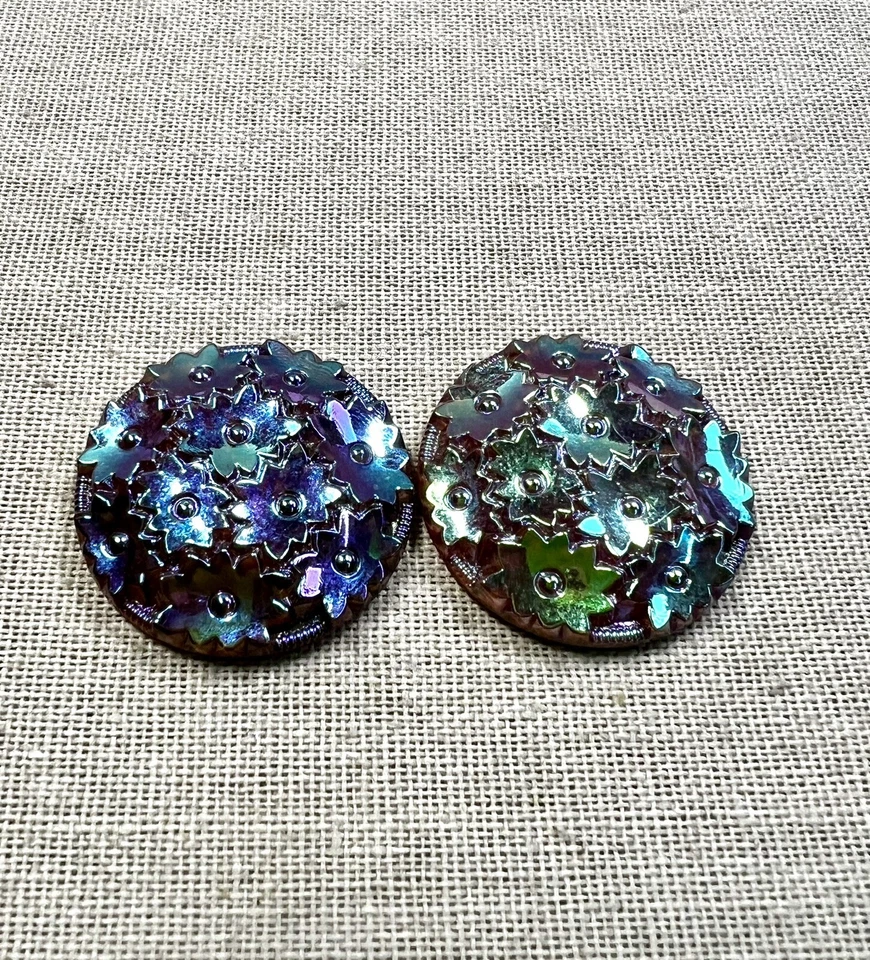 Two Antique Vintage D&E Juliana Iridescent Glass Flower Replacement Cabochons - Image 2 of 4