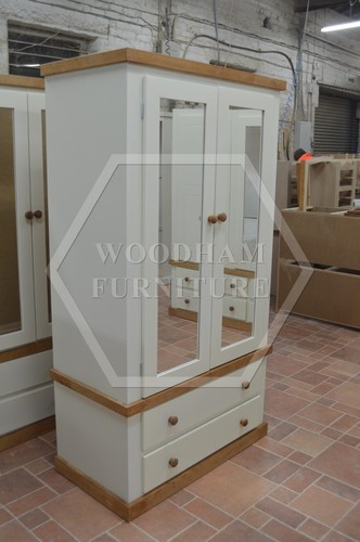 HANDMADE COUNTRY DOUBLE MIRRORED WARDROBE IVORY / LIGHT OAK WAX (NOT FLATPACKED) - Picture 4 of 14