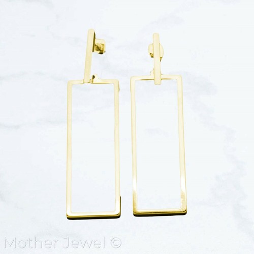 MODERN RECTANGLE SHAPED DANGLE SILVER 14K YELLOW GOLD IP BAR DROP EARRINGS - 第 7/7 張圖片