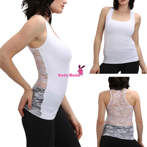 Hot Racer Back Tank Top w/Back Rose Floral Lace Cami Shirt Slimming Mesh T-Shirt - Picture 7 of 20