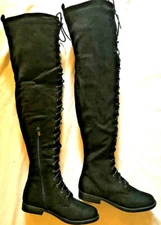 Top Moda womens LACE UP FRONT side zip BLACK FAUX SUEDE KNEE HIGH boots size 6