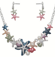 Beautiful Starfish Star Fish Shell Pearl Necklace and Earrings Set Multi Color