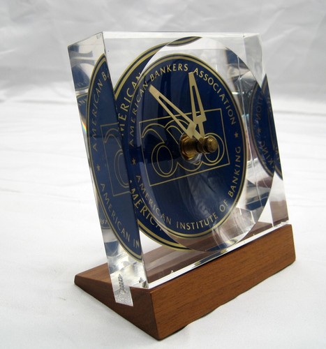 Vintage Lucite & Walnut Desk Clock American Bankers Association ABA - Picture 2 of 6