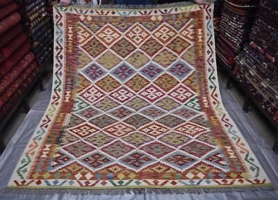 Red White Geometric Afghan Tribal Kilim Area Rug 5x7 Fine Hand Woven Wool Carpet