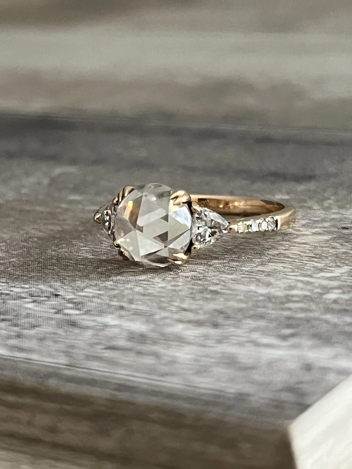18K Solid Rose Gold Ring Rose Cut Moissanite Side Trillions And Pavé Setting - Image 2 of 4