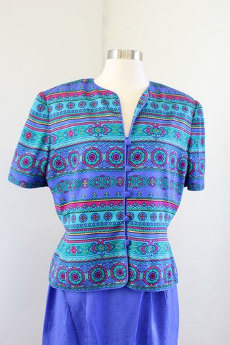 Adrianna Papell Safe Silk Blue Green Geometric Skirt Suit Set Short Sleeve Sz 12 - Picture 2 of 6
