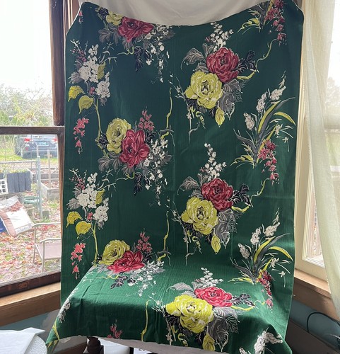 Vintage Barkcloth Fabric 50’s Dark Green Chartreuse Pink White 66 Long X 43 Wide - Picture 5 of 5