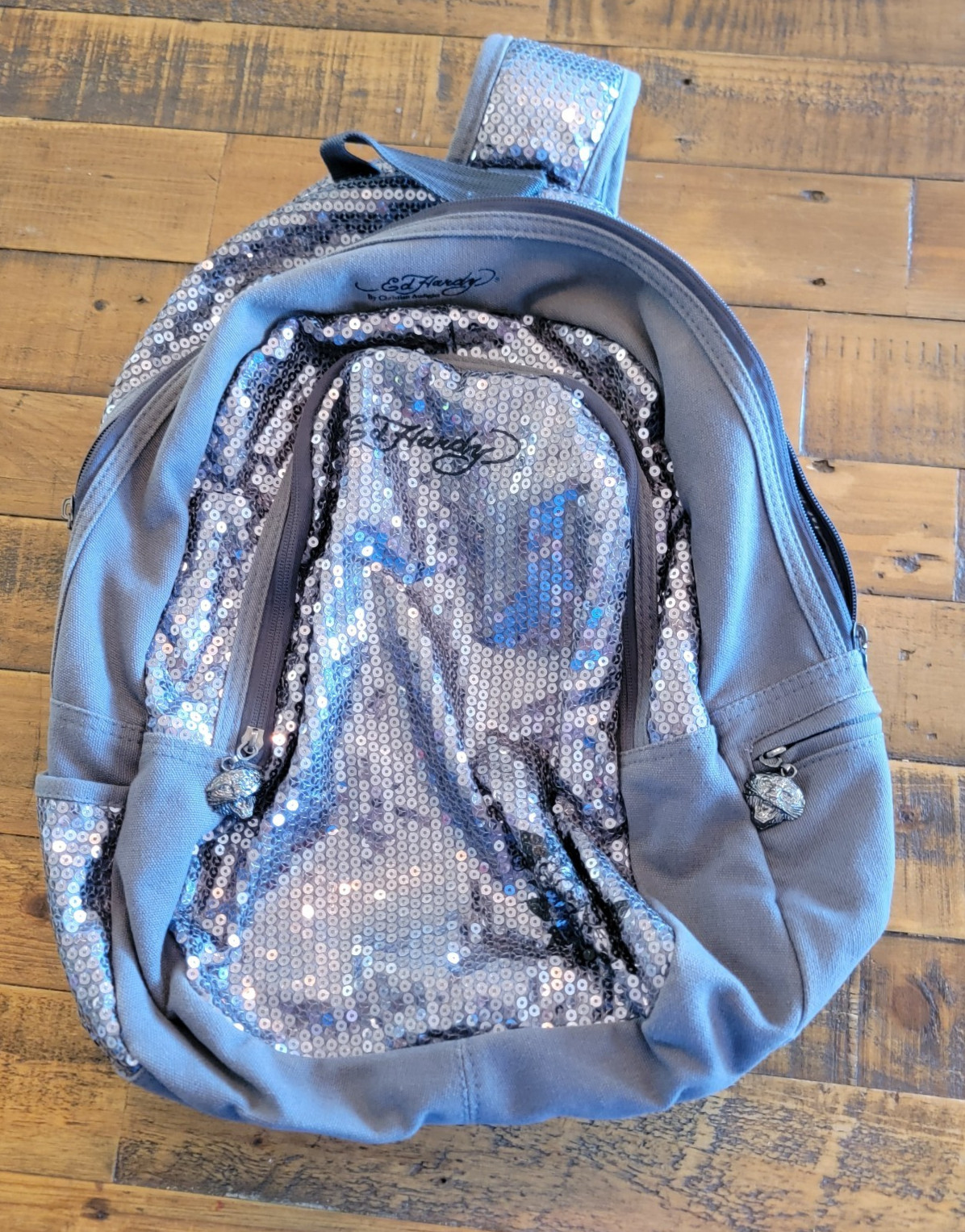 Ed Hardy Sequin Backpack Gray Grey EUC - image 13