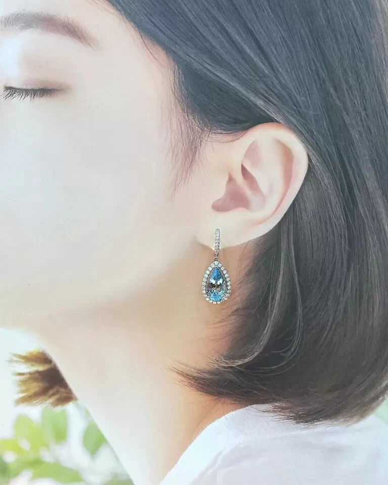 Pendiente de diamantes aguamarina natural corte pera de 7,30 quilates oro blanco macizo de 14 quilates Foto 4 de 4