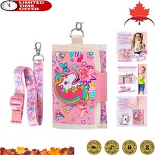 Girls Trifold Wallet with Zippered Coin Pocket  Lanyard - Pink Unicorn Design