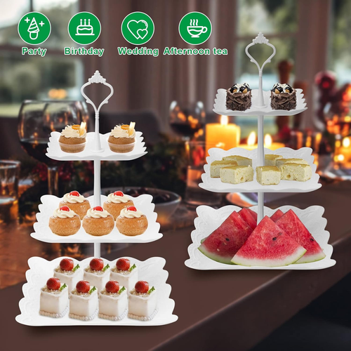 3 Tier Cupcake Stand, Plastic Tiered Serving Stand, Square Dessert Tray for Tea - Picture 2 of 12