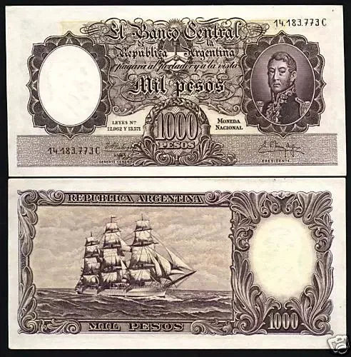 Argentina 1000 PESOS P-274 1955-1965 Ship UNC- Argentinian Black Serial # NOTE