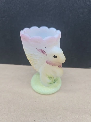 FENTON ART GLASS 3-1/4” BUNNY RABBIT SATIN GLASS EGG CUP -HP-SIGNED-EASTER