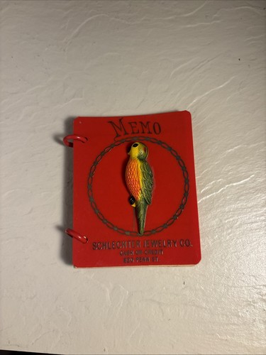 1930s Red Plastic Memo Notepad  2.5x3” Parrot Schlechter Jewelry Souvenir