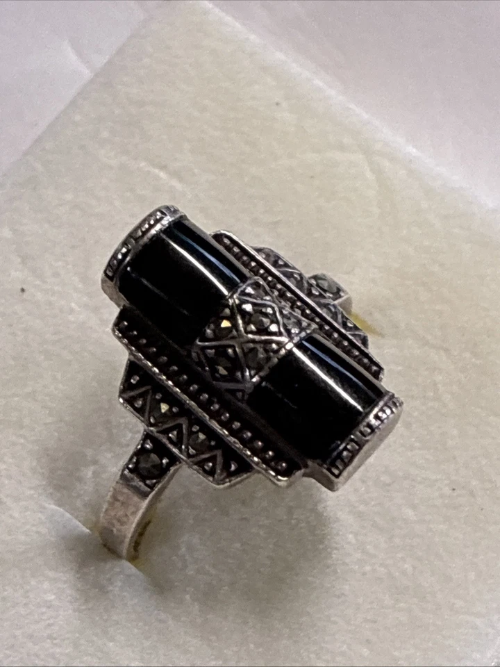 Belle bague ancienne Tank Art Déco en argent massif sertie de pierres - Photo 4/4