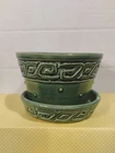Vintage McCoy Green Pottery Greek Key Planter 5" w/ Attached Saucer MCM