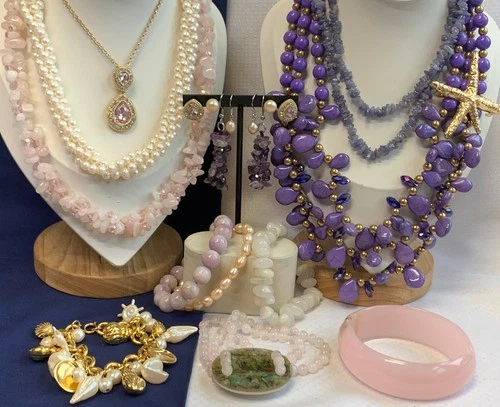 Vtg Costume Jewelry Lot Quartz Abalone Amethyst Chips Mixed Natural Stones