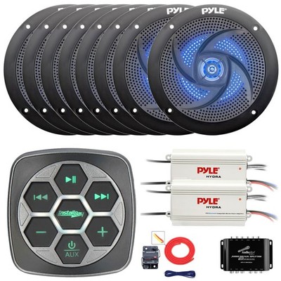 Metra Marine Bluetooth Controller, 8x 4'' Blue LED Speaker, 2x Amp, Splitter, Kit