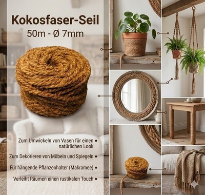 1x Kokosfaser Seil 50m Ø 7mm Dekoseil Kokosstrick Naturfaser Garten Basteln NEU