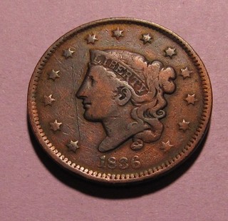 1836 Coronet Head Large Cent Penny Circulated Condition 46SU