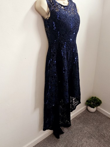 Apricot Navy Blue Lace Sequin High Low Dress UK 8 Elegant Party Evening Gown - Picture 5 of 14