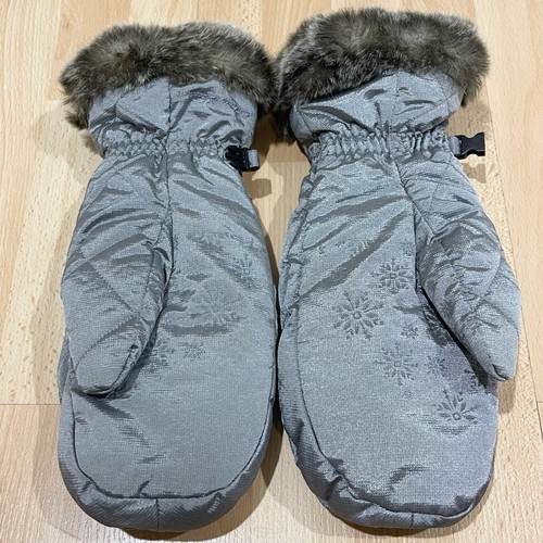Eddie Bauer Gray Quilted Mittens with Faux Fur Trim Goose Down Insulation - Picture 2 of 6