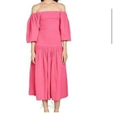 NWT Rhode Resort Harper Smocked Midi Dress Size M Hot Pink Puff Sleeves