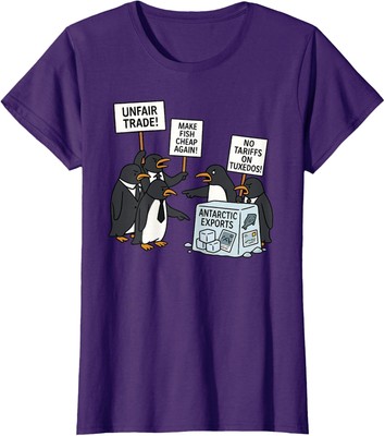 Penguins Protest Against Trump Tariffs Funny Penguin Ladies' Crewneck T-Shirt