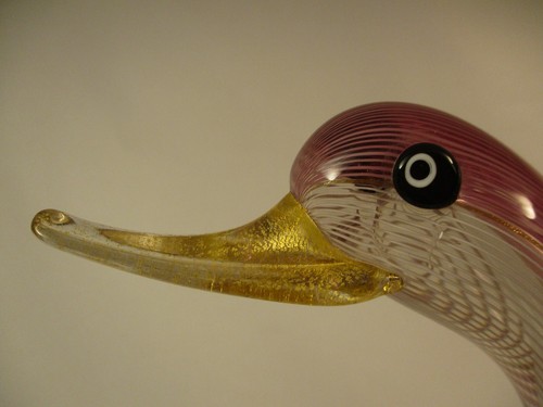 Pair Vintage Maesti Murano Signed Art Glass Swans Large 16" Lattincino Striped - Picture 7 of 18