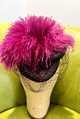 Pink & Purple Tilt Ostrich pom Feather Painted Felt Hat 