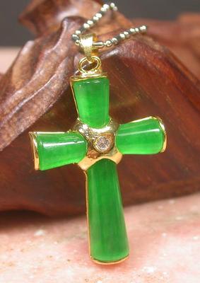 Gold Plate ICY Green JADE Pendant Jesus Cross Necklace