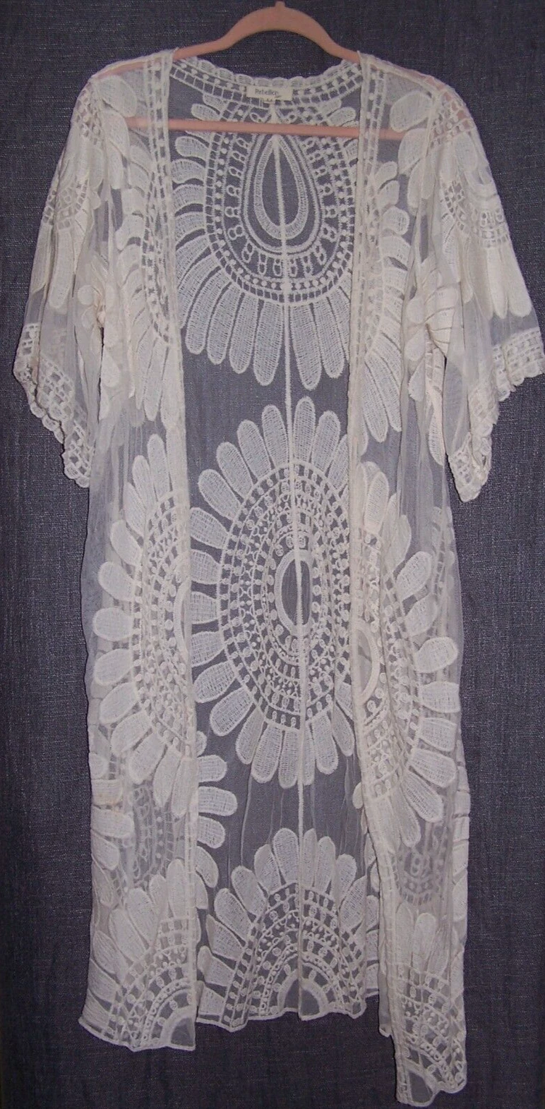 OFF WHITE Rebellion Again Spolverino boho kmono bianco sporco aperto davanti pizzo trasparente taglia M