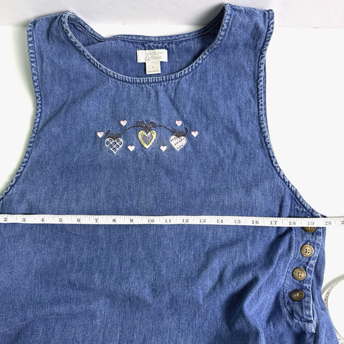 Croft & Barrows Denim Dress Vtg Embroidered Hearts Sz Lg Y2K Cottagecore Jumper - Picture 12 of 13