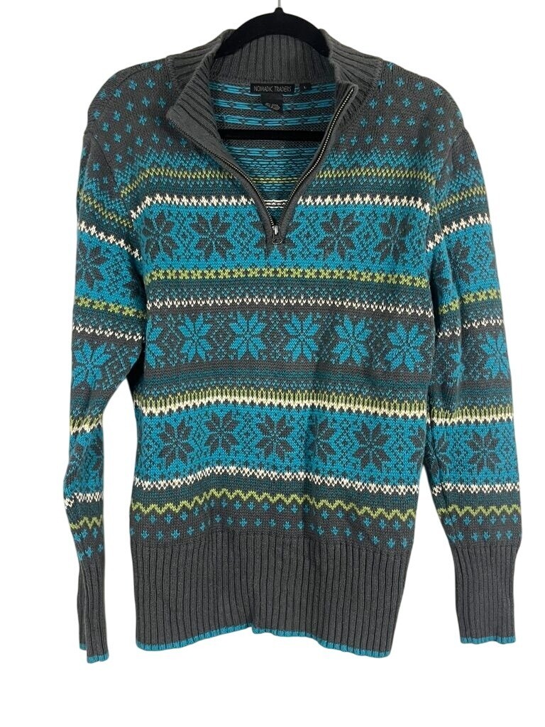 Nomadic Traders Sweater L Blue Pullover Knit Snow… - image 1