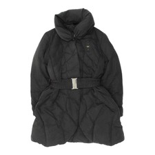 Blauer Womens Long Black Belted Popper Coat | Vintage Designer Padded Jacket Vtg