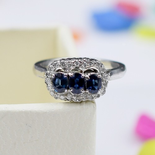 Vintage Sapphire Ring, 925 Sterling Silver, Three stone Ring , Anniversary Ring - Picture 3 of 4