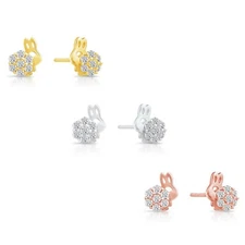 14k Gold Overlay Mini Bunny Studs Post Earrings Push Back CZ Sterling Silver 8mm