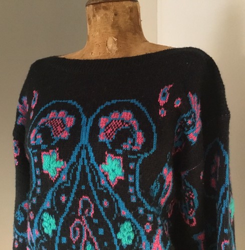 RETRO acrylic psychedelic JUMPER 1970’s SMALL 8/10 BLACK +Fluoro WASHED - Picture 7 of 12