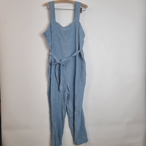 Poetry Jumpsuit Crinkle Blue Linen Cotton Blend Tie Pocket Straight Sz XL 18 - Picture 2 of 9
