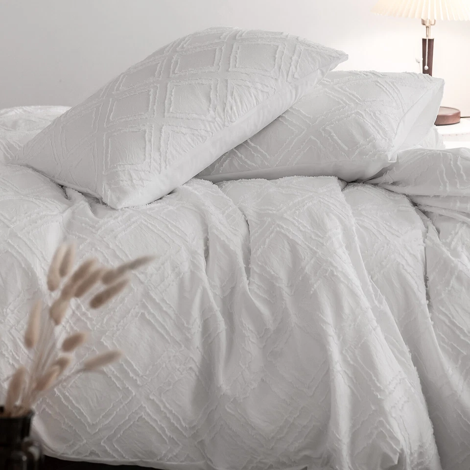 Juego de edredón 3 piezas funda nórdica boho blanca acolchada tamaño king elegante ropa de cama Foto 4 de 4