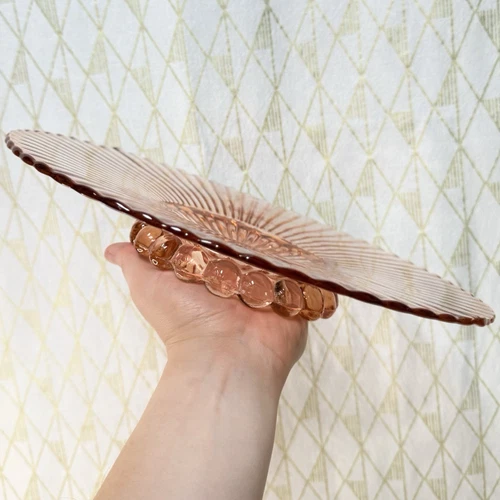 Vintage Anchor Hocking pink depression glass ribbed cake plate ball footed