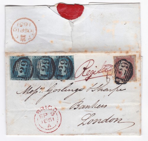 1851 QV BRIGG 1dROT + DREIERSTREIFEN 2d BLAUE BRIEFMARKEN MÄNGEL AUF BANKERSVERPACKUNG