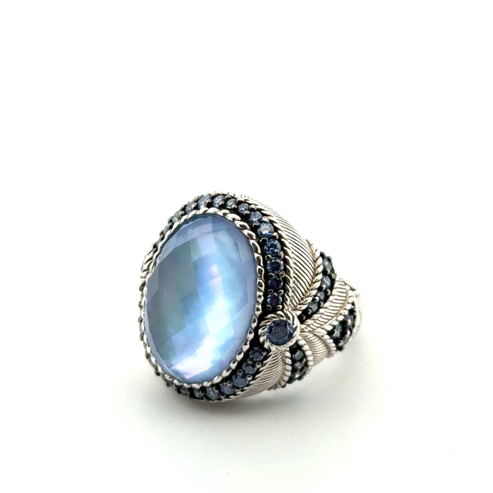 Size: 6 Judith Ripka Lab Blue Faceted Quartz & CZ 925 Sterling Silver Ring 15.8g - Image 2 of 4