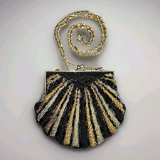 La Regale Gold Hand Beaded Clam Shell Purse Clutch Gold Shoulder Strap6 X 21 La Regale Gold Hand Beaded Clam Shell Purse Clutch Gold Shoulder Strap6 X 21