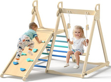 4 in 1 Indoor Jungle Gym, Foldable Wooden Climbing Set with Swing, Slide, Ladder