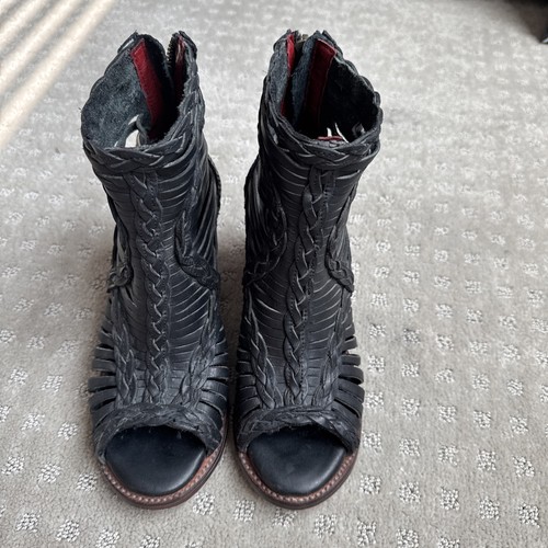 Freebird By Steven Bela Black Leather Open Toe Ankle Boot Size US 7