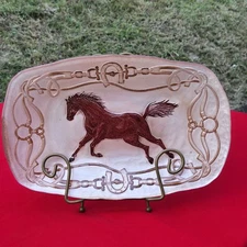 Horse Equestrian Painted Glass Platter Plate Horseshoe Bit 14x9