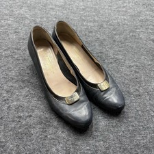 Vintage Salvatore Ferragamo Shoes Womens Size 7 Black Leather Block Heel Pumps